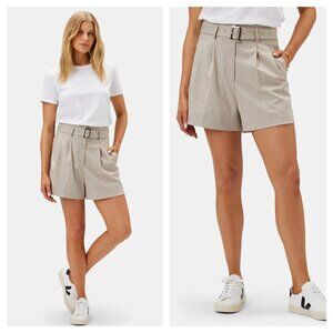 NEW Amour Vert Pleated Trouser Shorts Belted Neutral Cream Stripe Women's 0